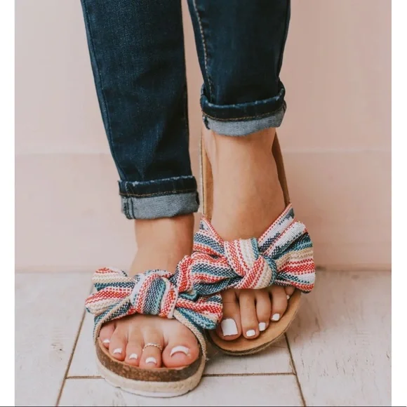 Multi Colored Slip On Linen Fabric Bow Sandals - Picture 4 of 11